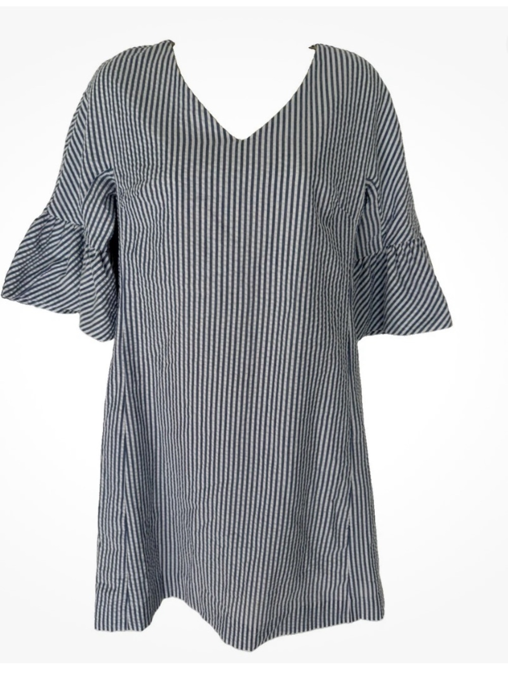 Duffield Lane Richland Blue White Striped Shift Dress Bell 3/4 Sleeve Size XS